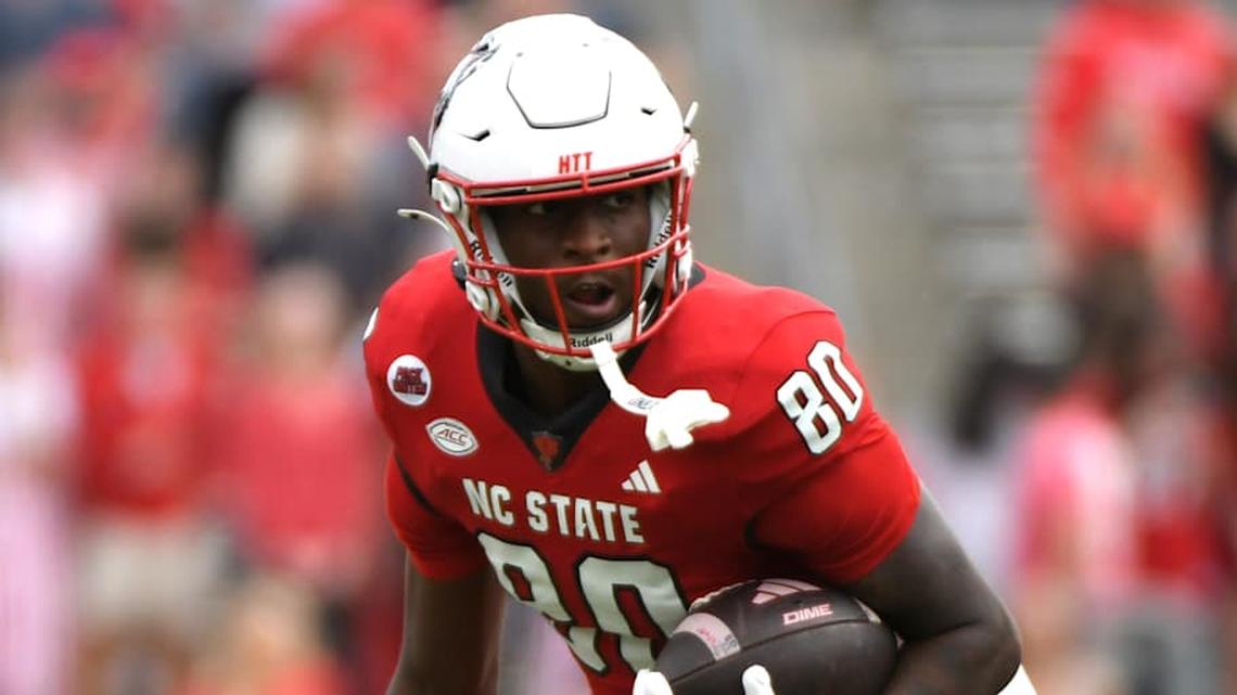  Nov 2, 2024; Raleigh, North Carolina, USA; North Carolina State Wolfpack wide receiver Terrell Anderson (80) runs the ball against the Stanford Cardinals during the second half at Carter-Finley Stadium. Mandatory Credit: Zachary Taft-Imagn Images | Zachary Taft-Imagn Images 