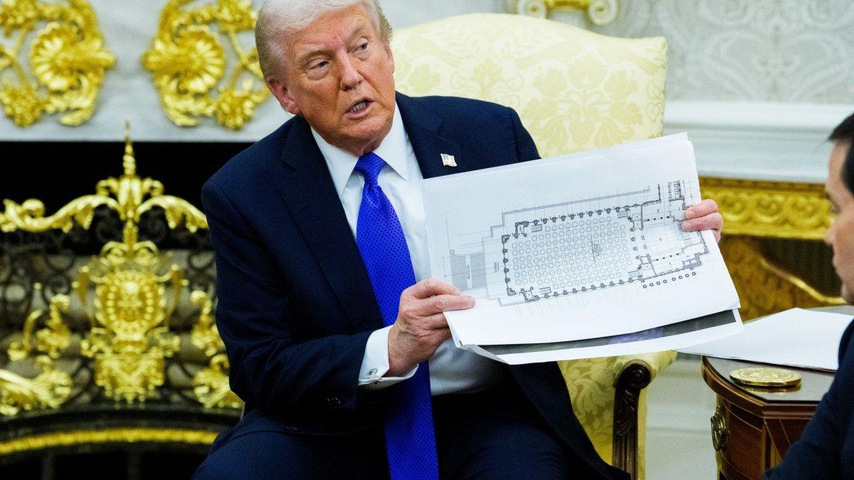 President Donald Trump shows the floor plan of the new White House ballroom on Oct. 22, 2025. The Senate's parliamentarian ruled over the weekend that funding for the ballroom would have to be approved by a filibuster-proof 60-vote margin. File Photo by Aaron Schwartz/UPI