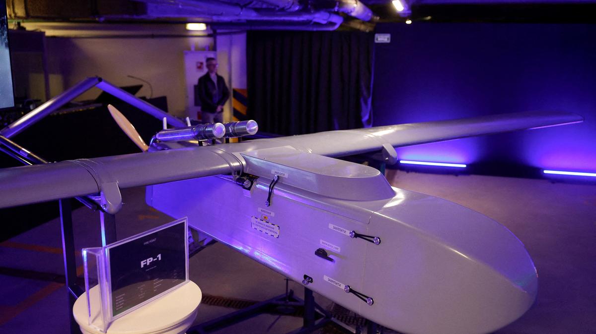 FILE PHOTO: A Fire Point FP-1 deep strike drone displayed at an exhibition of unmanned aerial vehicles, amid Russia’s attack on Ukraine, in an undisclosed location in Ukraine May 11, 2026. REUTERS/Valentyn Ogirenko/File Photo