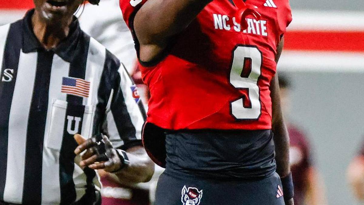  Sep 27, 2025; Raleigh, North Carolina, USA; North Carolina State Wolfpack wide receiver Terrell Anderson (9) celebrates a down during the first half of the game against Virginia Tech Hokies at Carter-Finley Stadium. Mandatory Credit: Jaylynn Nash-Imagn Images | Jaylynn Nash-Imagn Images 