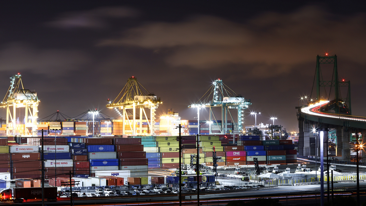 Nighttime operations continue at the Port of Los Angeles on Oct. 25, 2021, in San Pedro, California. (Mario Tama/Getty Images/TNS)