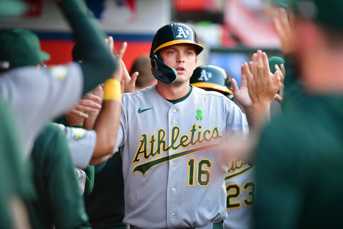  May 20, 2026; Anaheim, California, USA; Athletics first baseman Nick Kurtz (16) is greeted after scoring a run against the Los Angeles Angels during the first inning at Angel Stadium. Mandatory Credit: Gary A. Vasquez-Imagn Images Gary A. Vasquez-Imagn Images