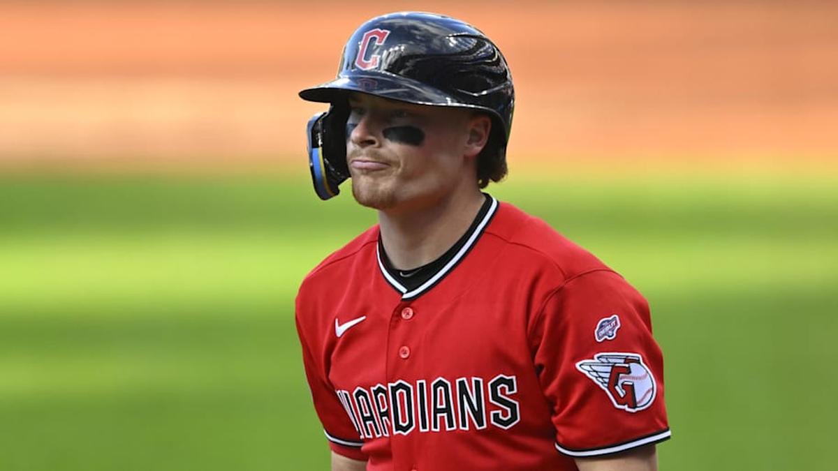  Cleveland Guardians second baseman Travis Bazzana (37) reacts after striking out in his first MLB at bat in the second inning against the Tampa Bay Rays at Progressive Field. | David Richard-Imagn Images 