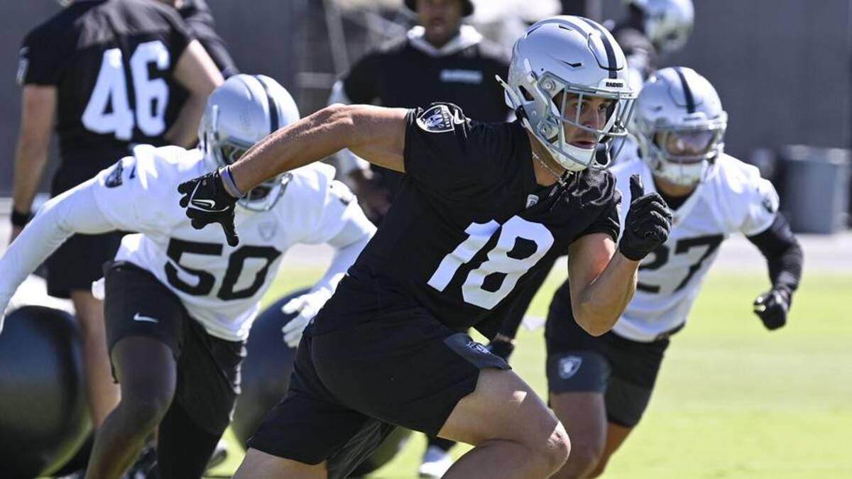  May 28, 2026; Henderson, NV, USA; Las Vegas Raiders wide receiver Jack Bech (18) runs through a drill during organized team activities at Intermountain Health Performance Center. Mandatory Credit: Candice Ward-Imagn Images | Candice Ward-Imagn Images 