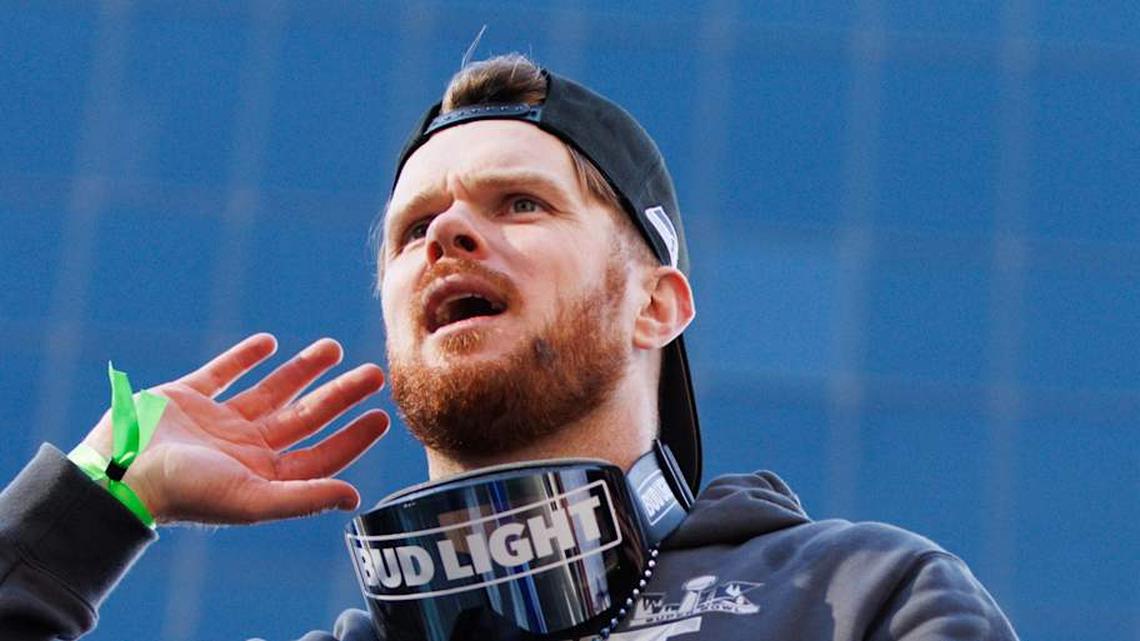 Feb 11, 2026; Seattle, WA, USA; Seattle Seahawks quarterback Sam Darnold (14) reacts during the Super Bowl LX parade. Mandatory Credit: Kevin Ng-Imagn Images | Kevin Ng-Imagn Images 