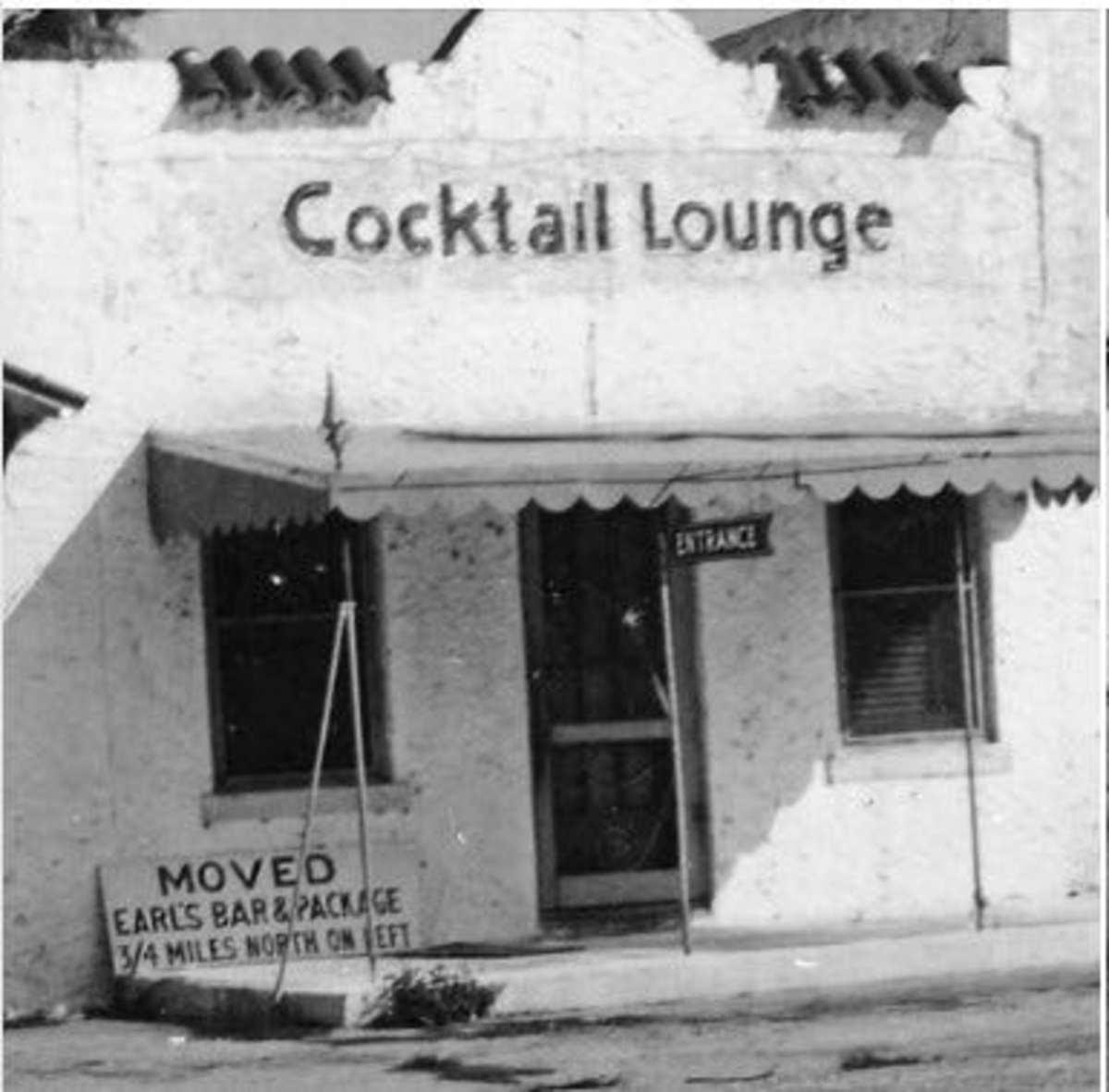 The Sebastian Inn was built in 1925, opened in 1926, and expanded northward over the years. Earl Roberts of Earl's Hideaway bought the hotel in 1944, but closed the hotel portion circa 1950. The rest of the property, including Earl's Bar and Package Store, the Picture Window Cocktail Lounge and the Marine Room restaurant, was foreclosed and sold in 1955. That's when Earl and life partner Grace Martin, the hotel assistant manager and restaurant hostess, moved Earl's Bar & Package Store from the hotel to '3/4 miles north on left,' a sign said.
