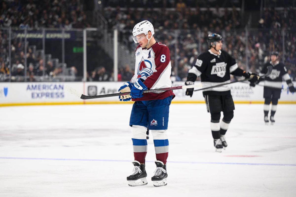 Colorado Avalanche defenseman Cale Makar (8) skates after scoring during the second period in game four of the first round of the 2026 Stanley Cup Playoffs against the Los Angeles Kings at Crypto.com Arena. William Liang-Imagn Images