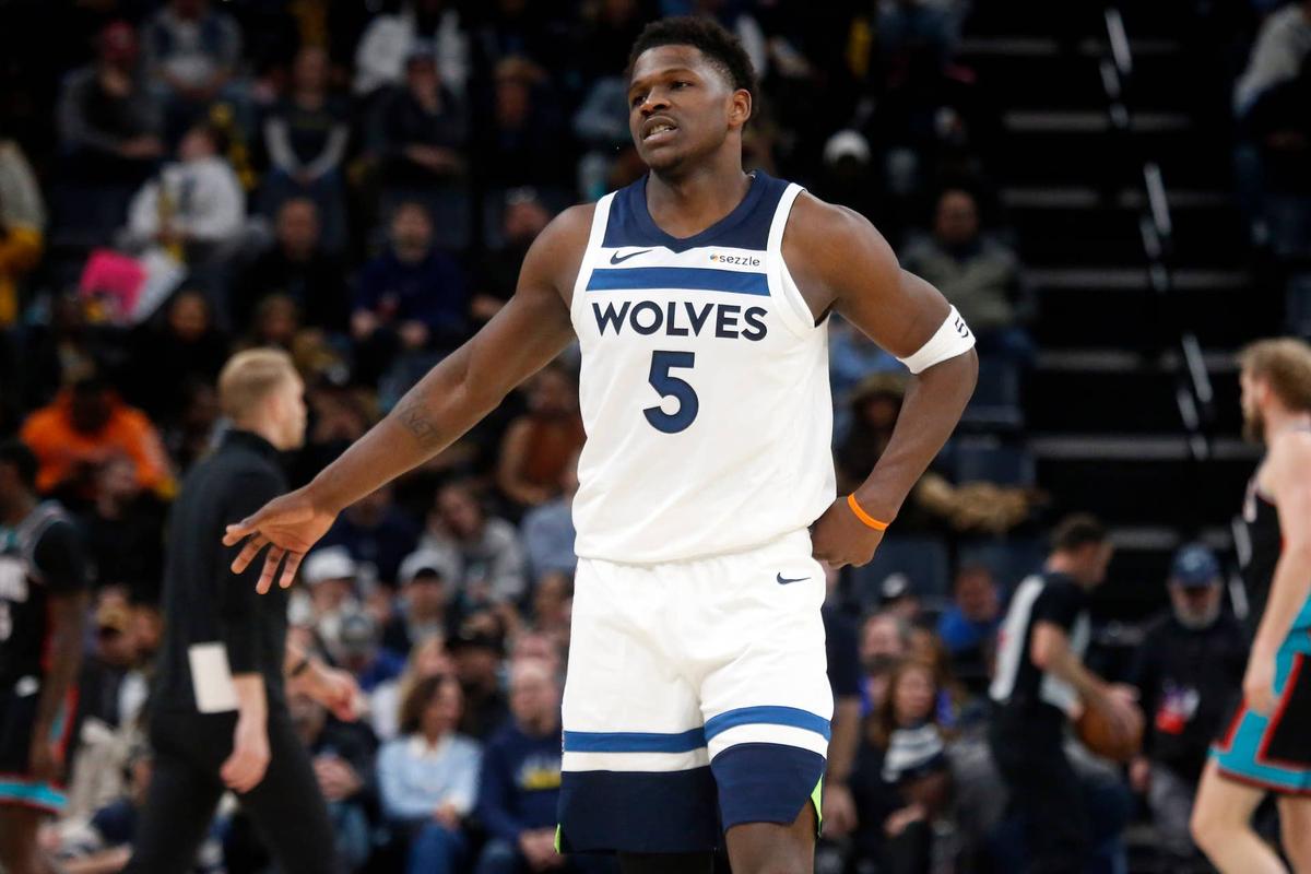  Minnesota Timberwolves guard Anthony Edwards reacts during the second quarter against the Memphis Grizzlies Petre Thomas-Imagn Images