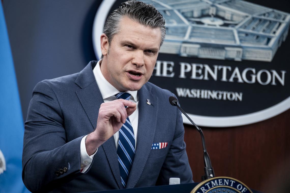 Secretary of Defense Pete Hegseth provides updates on the war in Iran at the Pentagon in Arlington, Va., Thursday, April 16, 2026. (Pete Marovich/The New York Times)