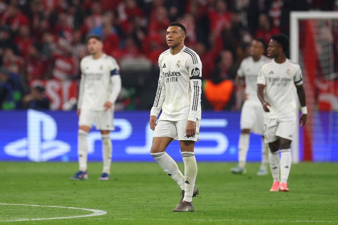  Kylian Mbappe of Real Madrid looks dejected after Harry Kane of FC Bayern Munich (not pictured) scored his team's second goal during the UEFA Champions League 2025/26 Quarter-Final Second Leg match between FC Bayern München and Real Madrid CF at Football Arena Munich on April 15, 2026 in Munich, Germany. (Photo by Adam Pretty/Getty Images) Photo by Adam Pretty/Getty Images