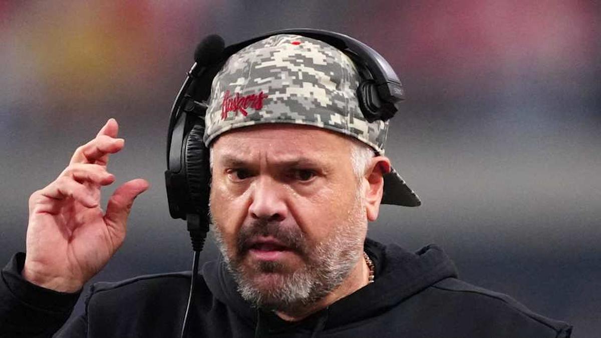  Dec 31, 2025; Las Vegas, NV, USA; Nebraska Cornhuskers head coach Matt Rhule gestures against the Utah Utes in the first half during the SRS Distribution Las Vegas Bowl at Allegiant Stadium. Mandatory Credit: Kirby Lee-Imagn Images | Kirby Lee-Imagn Images 