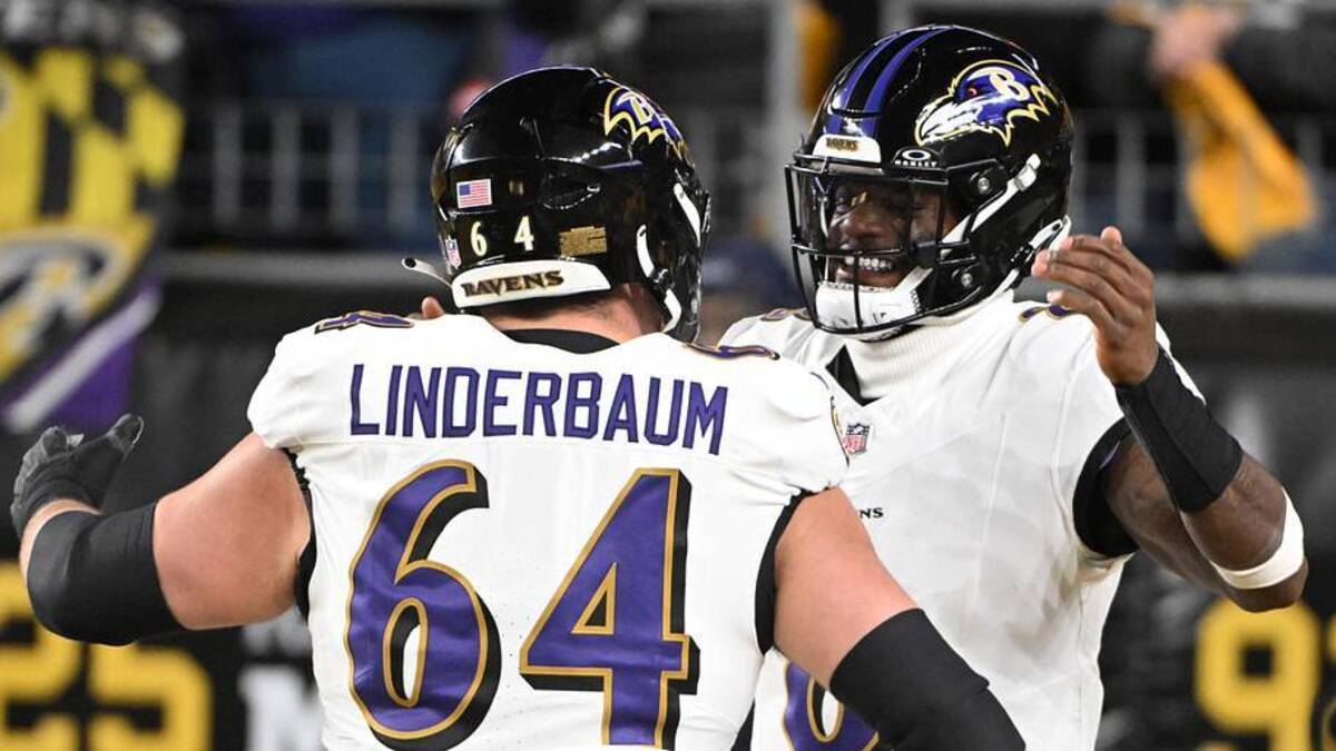  Jan 4, 2026; Pittsburgh, Pennsylvania, USA; Baltimore Ravens center Tyler Linderbaum (64) and Baltimore Ravens quarterback Lamar Jackson (8) react before the game at Acrisure Stadium. Mandatory Credit: Barry Reeger-Imagn Images | Barry Reeger-Imagn Images 
