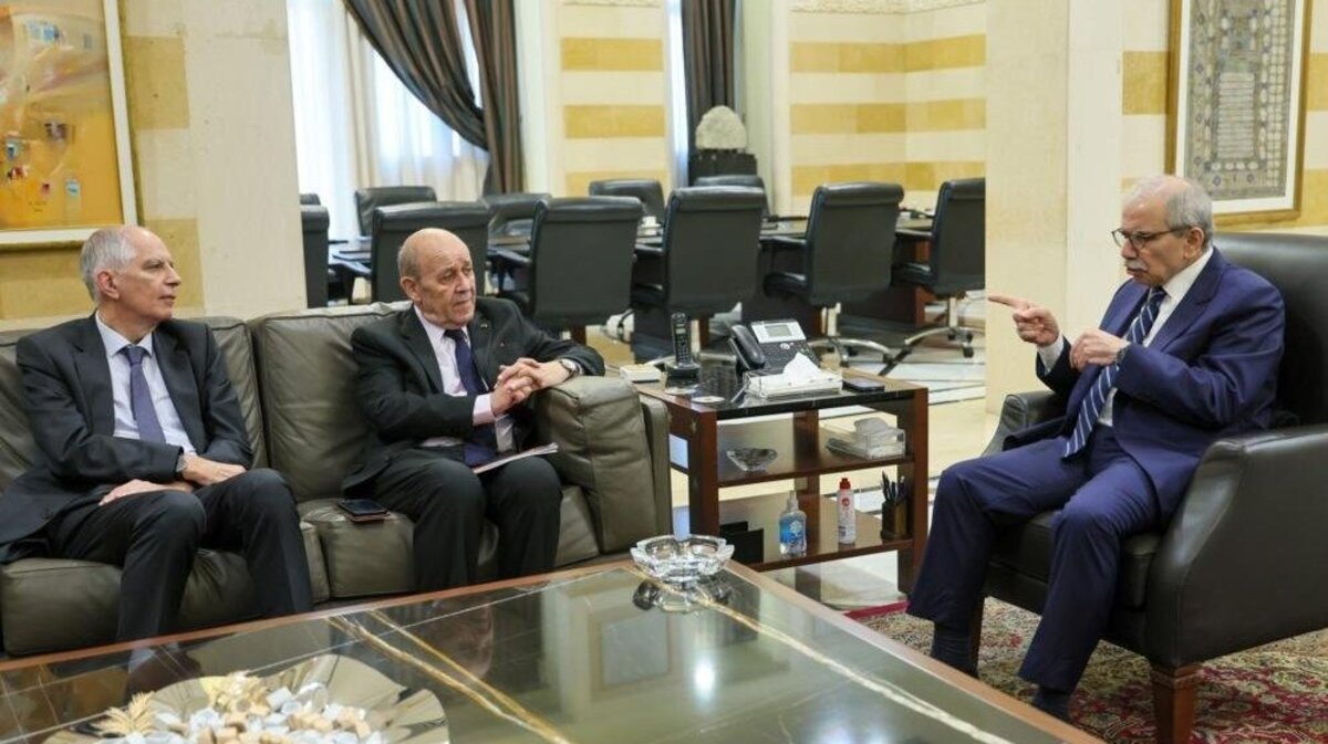 Special Presidential Envoy to Lebanon Jean-Yves Le Drian (C), flanked by French Ambassador to Lebanon Herve Magro (L), attends a meeting with Lebanese Prime Minister Nawaf Salam at the Government Palace in Beirut, Lebanon, on Thursday. The meeting was part of a French push to lock in three priorities: reconstruction, economic revival and support for the Lebanese Army, while pressing Beirut to continue reforms and assert state authority. Photo by Wael Hamzeh/EPA