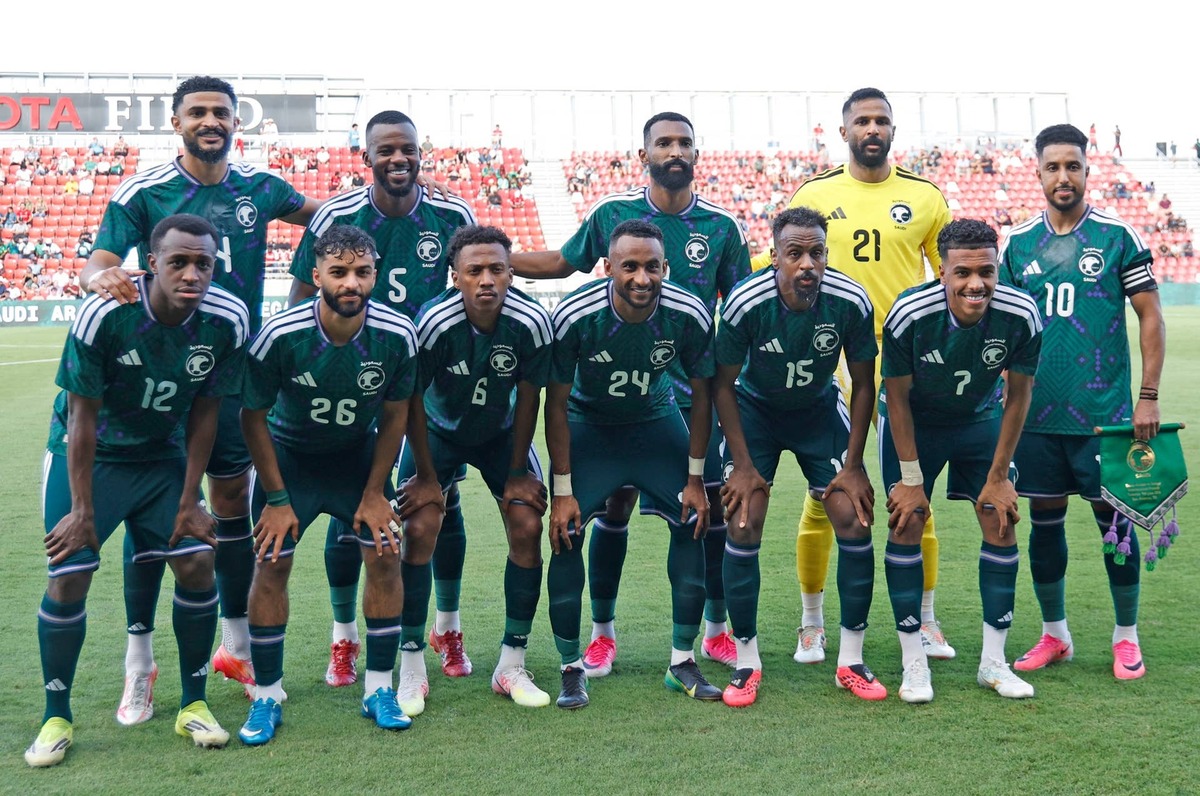  Saudi Arabia team poses before the international friendly match between Saudi Arabia and Senegal on June 9, 2026. Photo by Ronald Cortes/Getty Images