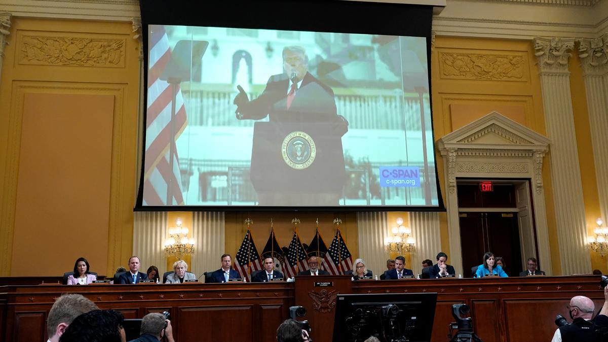 A video of former President Donald Trump speaking during a rally, as the House select committee investigating the Jan. 6, 2021, attack on the Capitol holds a hearing in Washington on June 16.