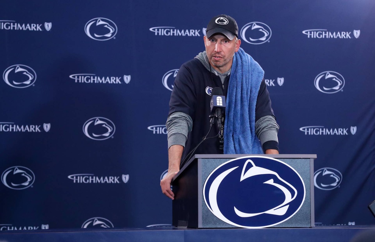  Penn State coach Matt Campbell answers questions from the media following the Blue-White Spring game at Beaver Stadium on Apr. 25, 2026, in University Park, Pennsylvania. © Matthew O'Haren-Imagn Images