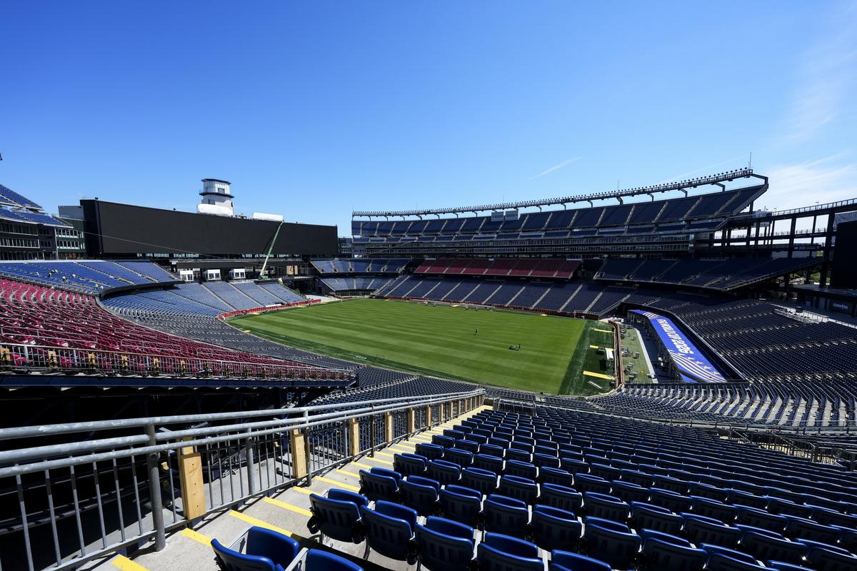  A general view of the field preparations inside Gillette Stadium ahead of the FIFA World Cup 2026 at Boston Stadium on May 26, 2026 in Boston, Massachusetts. 