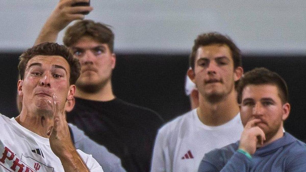  Fernando Mendoza participates in Indiana University's Pro Day at Mellencamp Pavilion on Wednesday, April 1, 2026. | Rich Janzaruk/Herald-Times / USA TODAY NETWORK via Imagn Images 