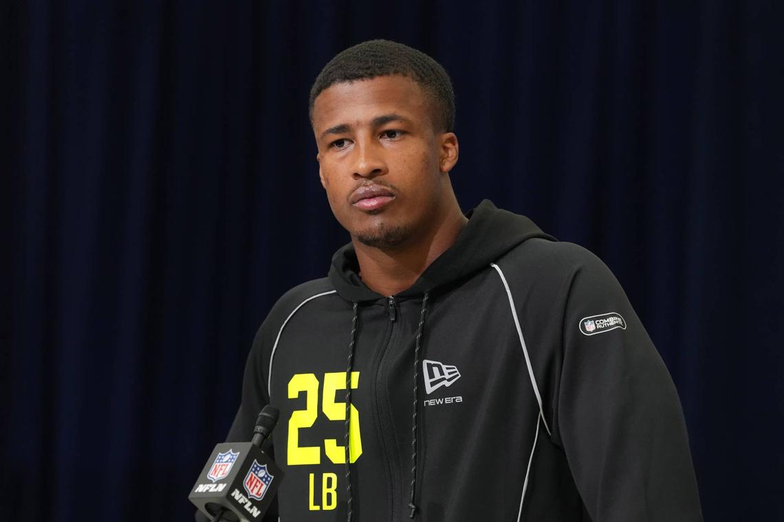  Feb 25, 2026; Indianapolis, IN, USA; Ohio State linebacker Sonny Styles (LB25) speaks during the NFL Scouting Combine at the Indiana Convention Center. Mandatory Credit: Kirby Lee-Imagn Images 