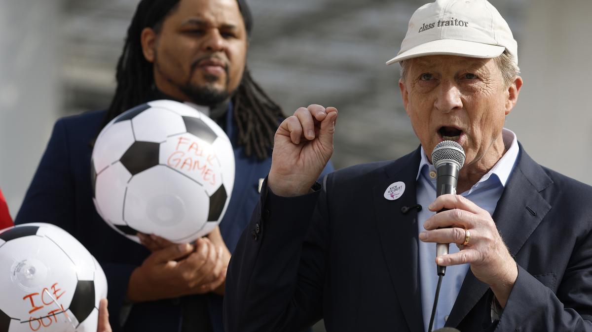California Democratic gubernatorial candidate Tom Steyer speaks during a press conference with union workers at SoFi Stadium on May 18, 2026, in Inglewood, California. California gubernatorial candidate Tom Steyer joined labor advocates and union workers at SoFi Stadium during a rally ahead of the 2026 FIFA World Cup to demand investigations into FIFA’s security and worker accreditation policies, while also calling for protections against immigration enforcement activity and AI-related job displacement at the stadium. (Justin Sullivan/Getty Images/TNS)