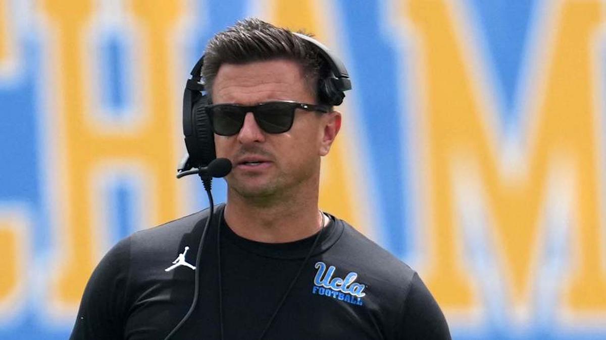  May 2, 2026; Pasadena, CA, USA; UCLA Bruins coach Bob Chesney reacts during the spring game at Rose Bowl. Mandatory Credit: Kirby Lee-Imagn Images | Kirby Lee-Imagn Images 