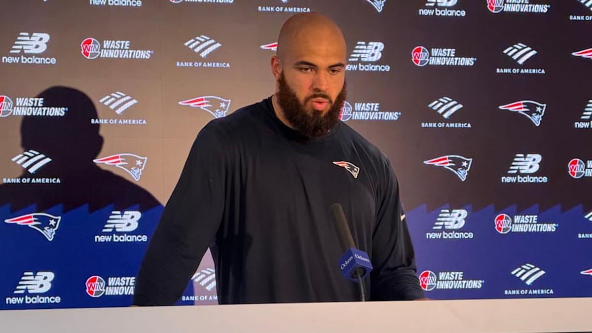  New England Patriots tight end Julian Hill speaks to the media following the team's voluntary offseason workouts. | Ethan Hurwitz / Patriots On SI 