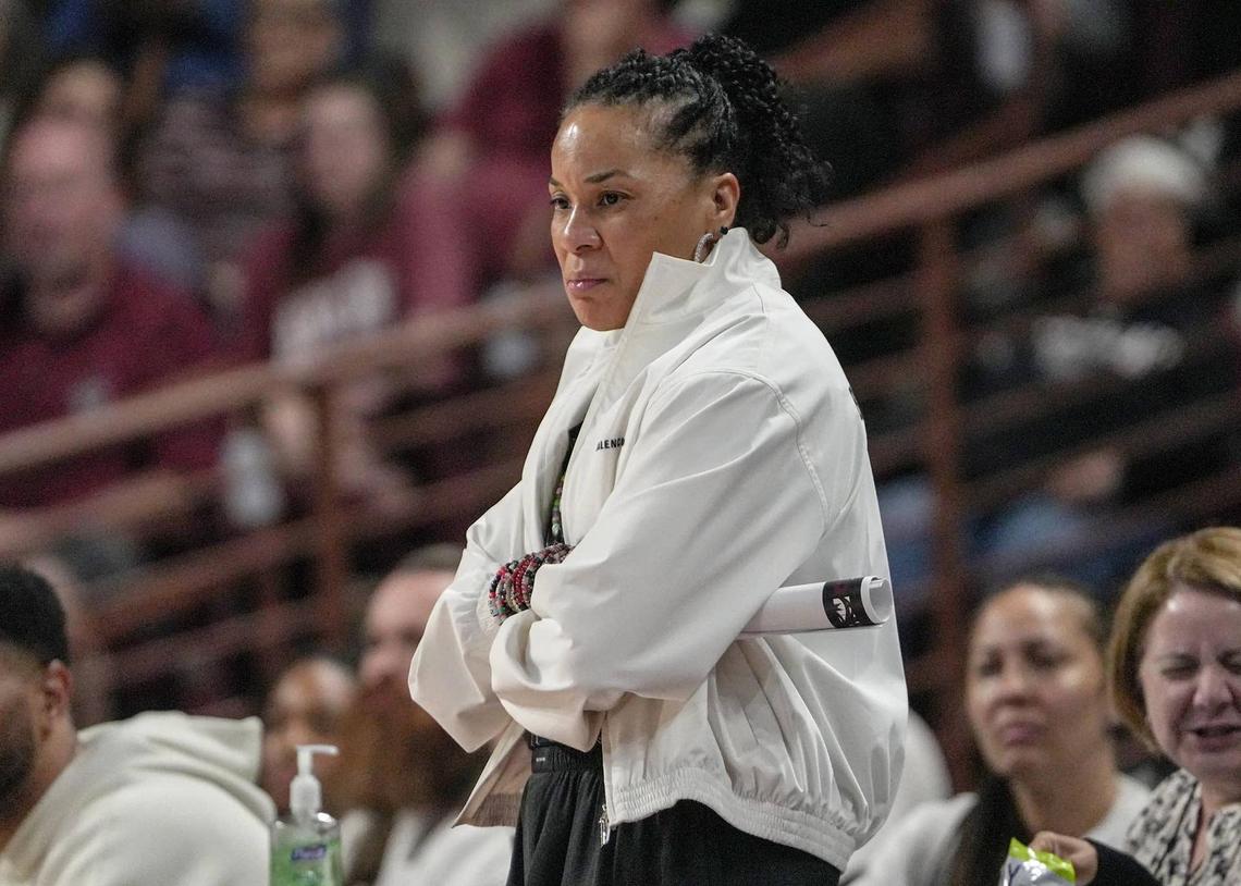 South Carolina Gamecocks coach Dawn Staley quietly watches her team play the USC Trojans. © Ken Ruinard / USA Today Network South Carolina / USA TODAY NETWORK via Imagn Images