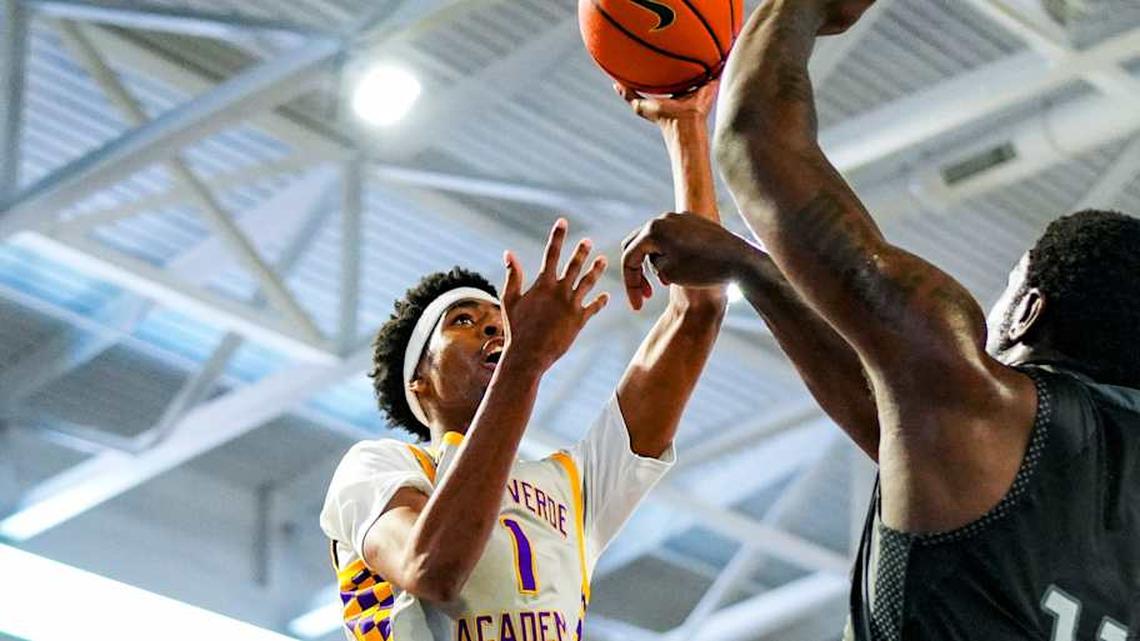  Montverde Academy Eagles forward Joe Philon (1) shoots the ball as Gillion Academy Lions center Marcis Ponder (11) guards him during the second quarter of a City of Palms Classic Signature Series game at Suncoast Credit Union Arena in Fort Myers, Fla., on Friday, Dec. 19, 2025. | Jonah Hinebaugh/Naples Daily News/USA Today Network-Florida / USA TODAY NETWORK via Imagn Images 