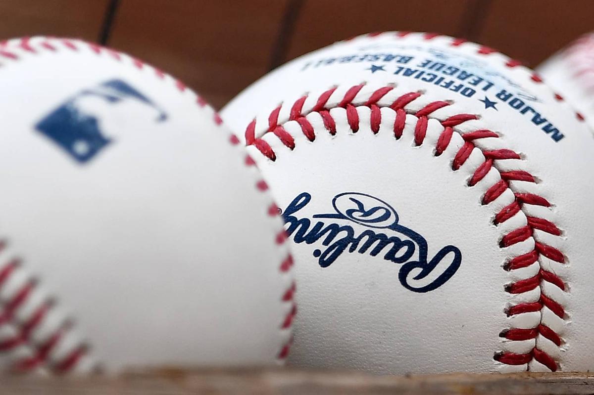  WASHINGTON, DC - JUNE 11, 2022: A closeup view of the Rawlings logo on an official Major League Baseball during the second inning between the Milwaukee Brewers and the Washington Nationals at Nationals Park on June 11, 2022 in Washington, DC. (Photo by Chris Bernacchi/Diamond Images via Getty Images) 