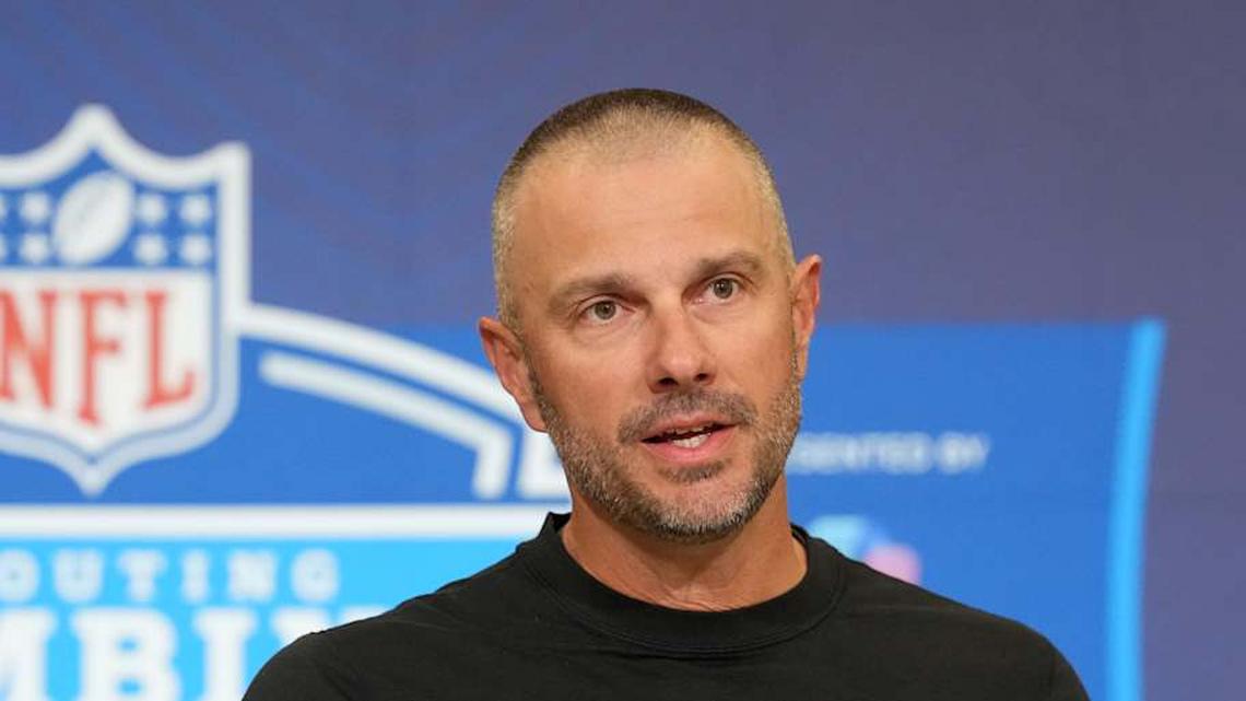 Feb 24, 2026; Indianapolis, IN, USA; Las Vegas Raiders general manager John Spytek speaks at the NFL Scouting Combine at the Indiana Convention Center. Mandatory Credit: Kirby Lee-Imagn Images | Kirby Lee-Imagn Images 