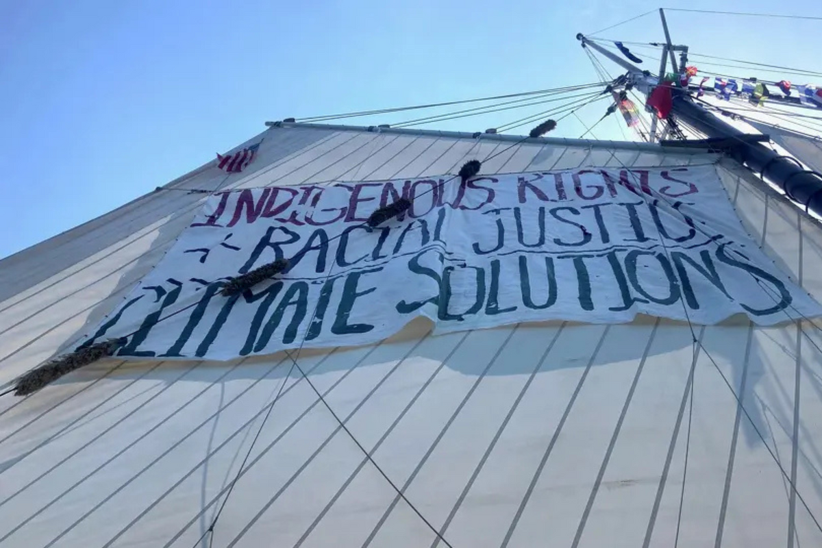  A sailboat operated by the nonprofit Hudson River Sloop Clearwater was removed from the Sail4th 250 Parade of Tall Ships in New York Harbor after displaying banners, according to the organization. (Hudson River Sloop Clearwater) 