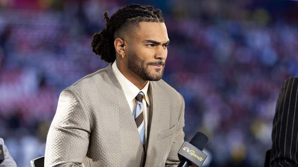  Feb 8, 2026; Santa Clara, CA, USA; NBC Sports analyst Fred Warner prior to the New England Patriots game against the Seattle Seahawks in Super Bowl LX at Levi's Stadium. Mandatory Credit: Mark J. Rebilas-Imagn Images | Mark J. Rebilas-Imagn Images 