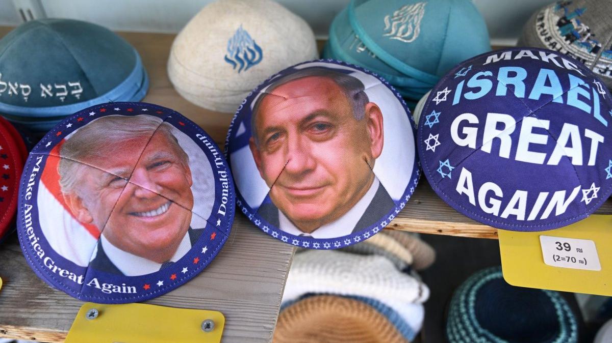 A shop displays kippas with photos of U.S. President Donald Trump and Israeli Prime Minister Benjamin Netanyahu on April 21 in Jerusalem. Trump said Wednesday that while he general has a good relationship with Netanyahu, a recent phone call about fighting in Lebanon turned sour. File Photo by Debbie Hill/UPI