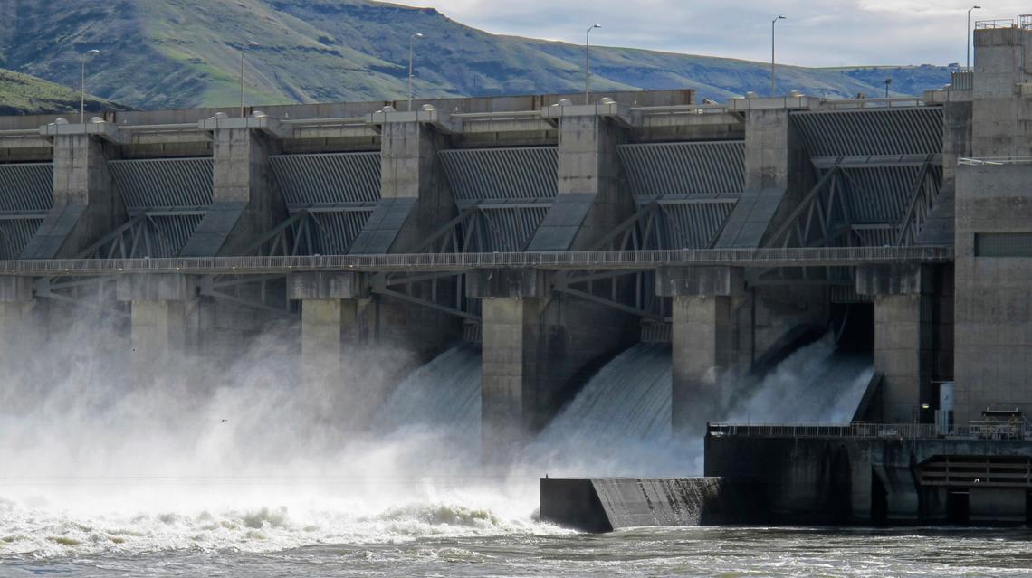 Water moves through a spillway of the Lower Granite Dam on the Snake River near Almota, Wash. It is one of the four lower Snake River dams in Eastern Washington being considered for breaching.