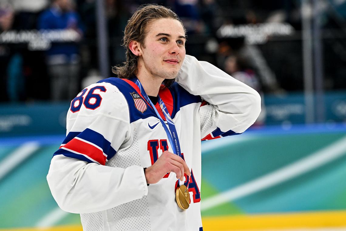 Jack Hughes of United States celebrates the victory during the Ice Hockey Men's Gold Medal Game match between Canada and USA on day sixteen of the Milano Cortina 2026 Winter Olympic games at Milano Santagiulia Ice Hockey Arena on February 22, 2026 in Milan, Italy.