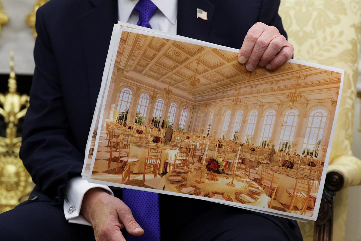  U.S. President Donald Trump displays a rendering of his proposed $250 million White House ballroom as he meets with NATO Secretary General Mark Rutte in the Oval Office of the White House on October 22, 2025, in Washington, D.C. 