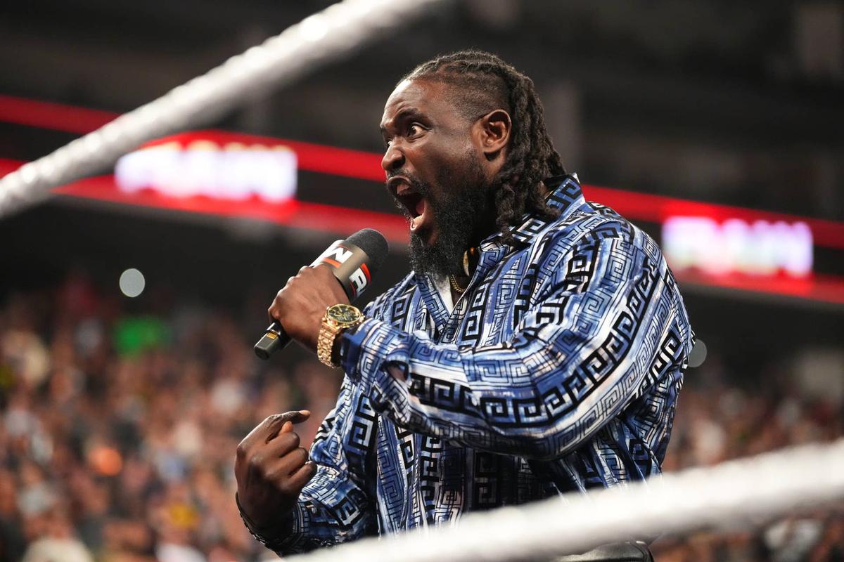  Oba Femi delivers a promo on Raw ahead of his WrestleMania 42 match against Brock Lesnar. Getty Images