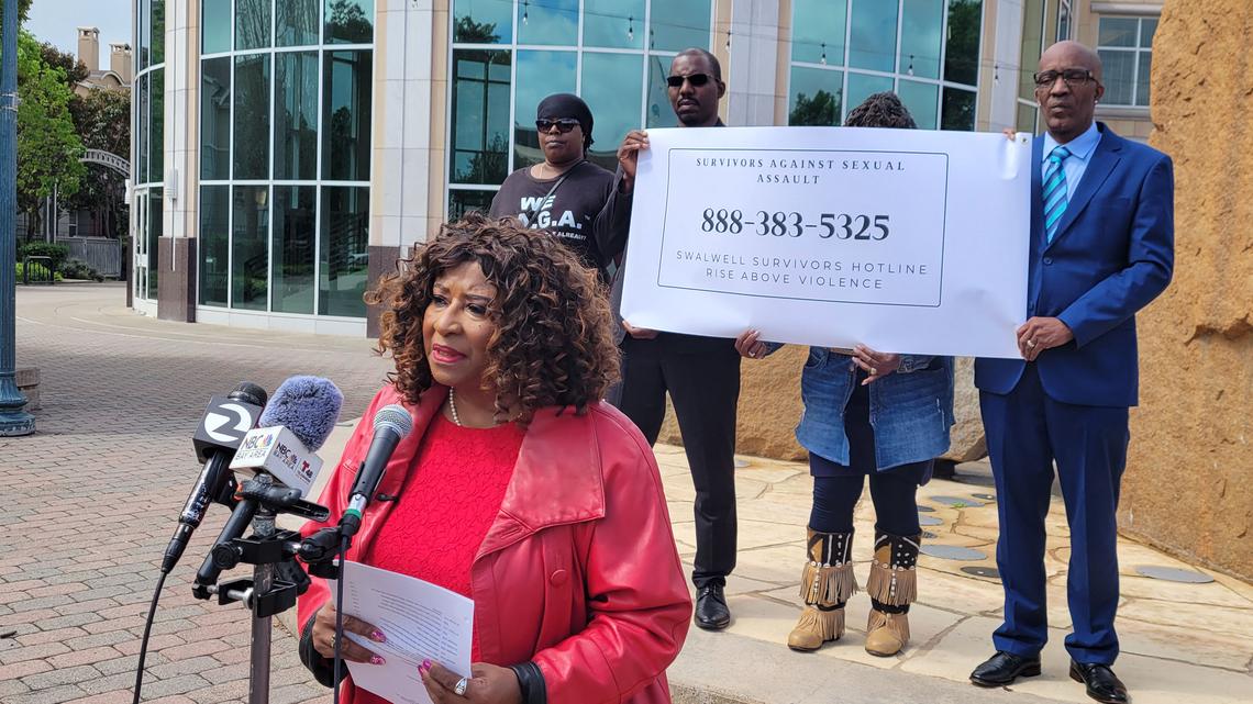 Recalled former Alameda County District Attorney Pamela Price holds a news conference on April 22, 2026, at Hayward City Hall, announcing her new hotline for survivors to report alleged sexual abuse by former U.S. Rep. Eric Swalwell in the county, in Hayward, California. (Kyle Martin/Bay Area News Group/TNS)