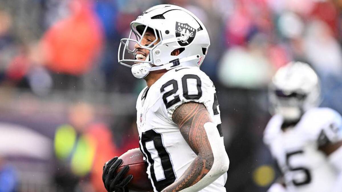 Sep 7, 2025; Foxborough, Massachusetts, USA; Las Vegas Raiders safety Isaiah Pola-Mao (20) reacts after an interception against the New England Patriots during the second half at Gillette Stadium. Mandatory Credit: Brian Fluharty-Imagn Images | Brian Fluharty-Imagn Images 