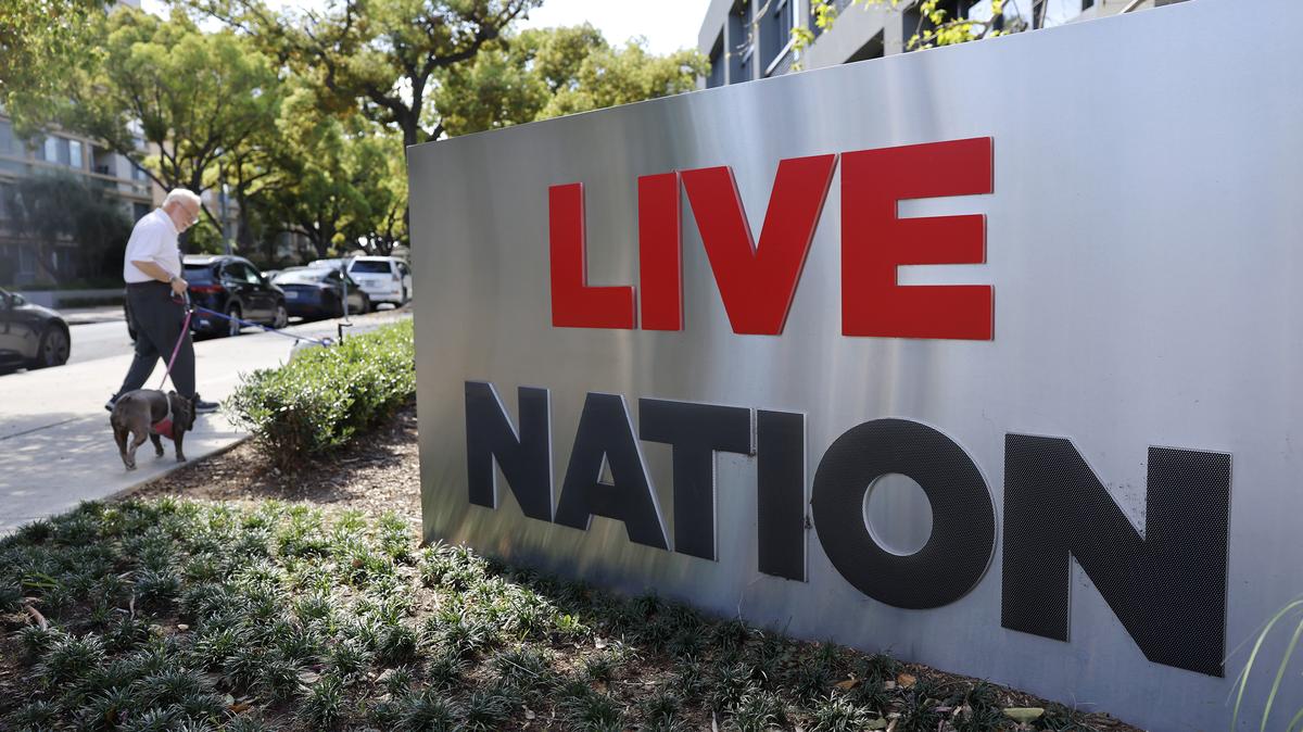 The Live Nation logo is displayed at a Live Nation corporate office on March 9, 2026, in Beverly Hills, California. (Mario Tama/Getty Images/TNS)