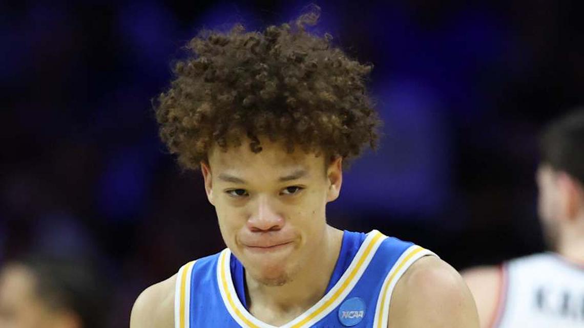  Mar 22, 2026; Philadelphia, PA, USA; UCLA Bruins guard Trent Perry (0) reacts against the UConn Huskies in the first half during a second round game of the men's 2026 NCAA Tournament at Xfinity Mobile Arena. Mandatory Credit: Bill Streicher-Imagn Images | Bill Streicher-Imagn Images 