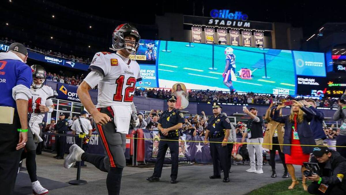  Oct 3, 2021; Foxboro, MA, USA; Tampa Bay Buccaneers quarterback Tom Brady (12) takes the field to face the New England Patriots at Gillette Stadium. Mandatory Credit: Paul Rutherford-USA TODAY Sports | USA TODAY Sports 