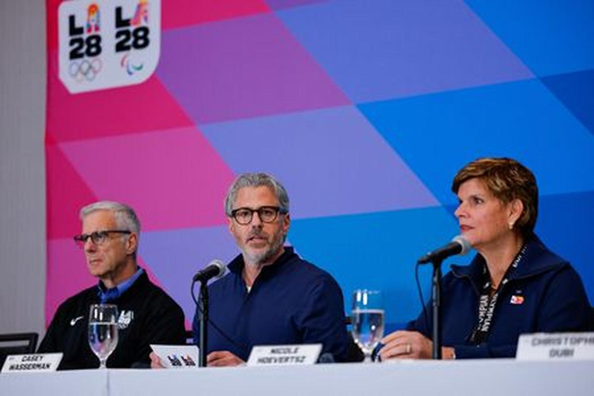 LA28 chairperson and president Casey Wasserman speaks during a press conference, which he holds along with officials from the International Olympic Committee (IOC) Coordination Commission, updating progress on the 2028 Olympic Games, in Los Angeles, California, U.S., June 4, 2026.  REUTERS/Mike Blake
