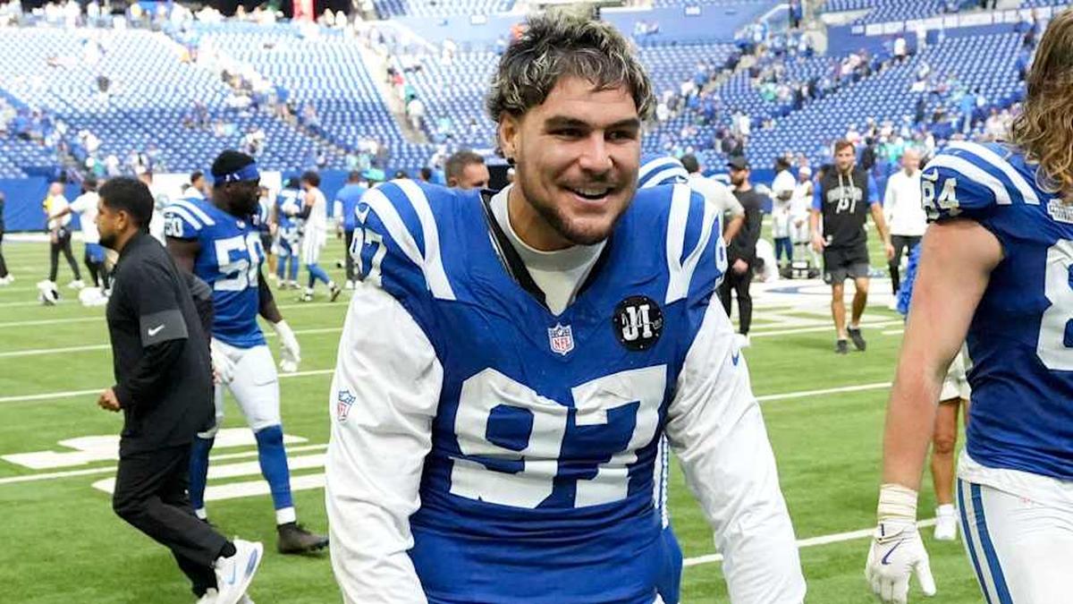  Indianapolis Colts defensive end Laiatu Latu (97) celebrates a win following a game against the Miami Dolphins on Sunday, Sept. 7, 2025, at Lucas Oil Stadium in Indianapolis. The Colts defeated the Dolphins 33-8. | Christine Tannous/IndyStar / USA TODAY NETWORK via Imagn Images 