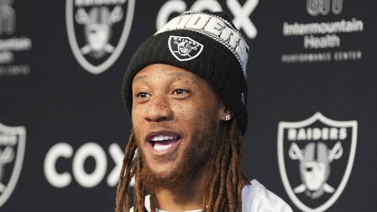 May 20, 2026; Henderson, NV, USA; Las Vegas Raiders cornerback Eric Stokes (5) speaks during a news conference during organized team activities at Intermountain Health Performance Center. Mandatory Credit: Candice Ward-Imagn Images | Candice Ward-Imagn Images 