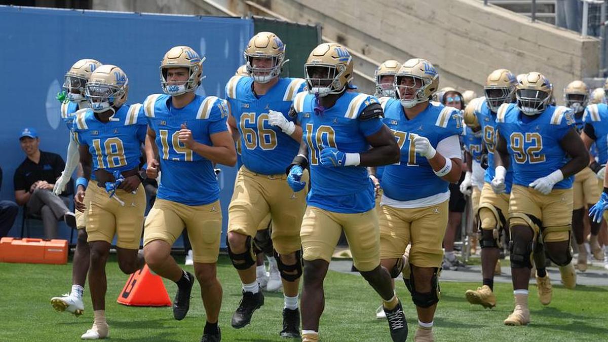  May 2, 2026; Pasadena, CA, USA; UCLA Bruins players enter the field during the spring game at Rose Bowl. Mandatory Credit: Kirby Lee-Imagn Images | Kirby Lee-Imagn Images 