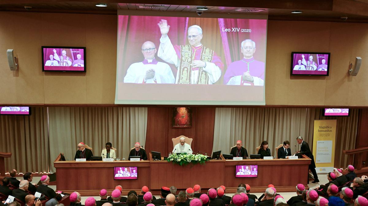 Pope Leo XIV attends the presentation of his first Encyclical Letter "Magnifica Humanitas," focused on the rise of artificial intelligence, in the Vatican on Monday.