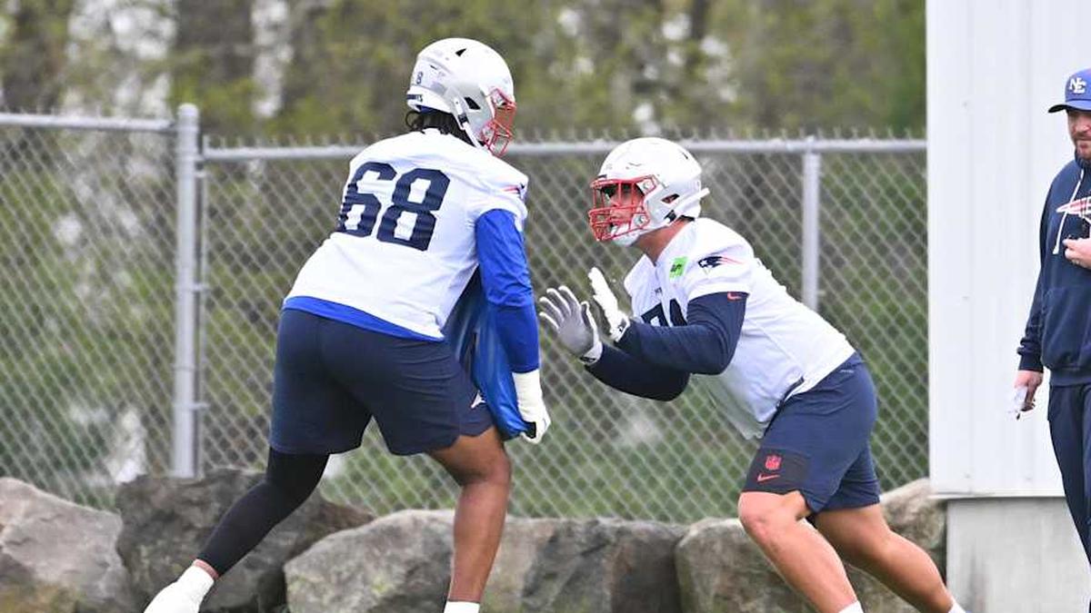  May 9, 2026; Foxborough, MA, USA; New England Patriots tackle Caleb Lomu (74) works with tackle Dametrious Crownover (68) during the New England Patriots rookie camp at Gillette Stadium. Mandatory Credit: Eric Canha-Imagn Images | Eric Canha-Imagn Images 
