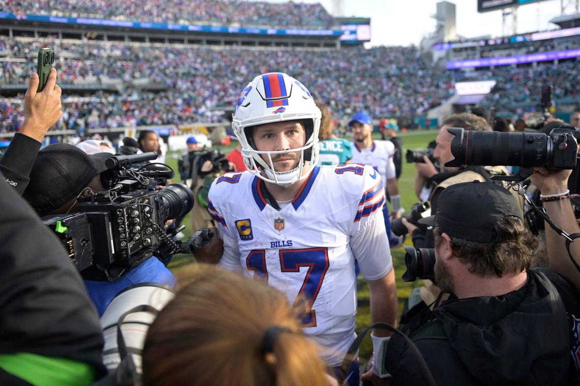  Jan 11, 2026; Jacksonville, FL, USA; Buffalo Bills quarterback Josh Allen (17) after an AFC Wild Card Round game against the Jacksonville Jaguars at EverBank Stadium. Mandatory Credit: Melina Myers-Imagn Images 