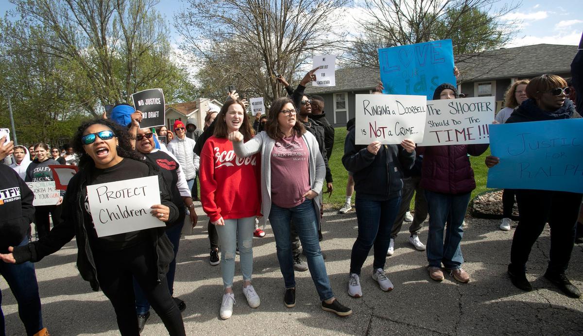 Protestors march in Kansas City on April 16 to bring attention to the shooting of Ralph Yarl, 16, who was shot when he went to the wrong house to pick up his brothers.